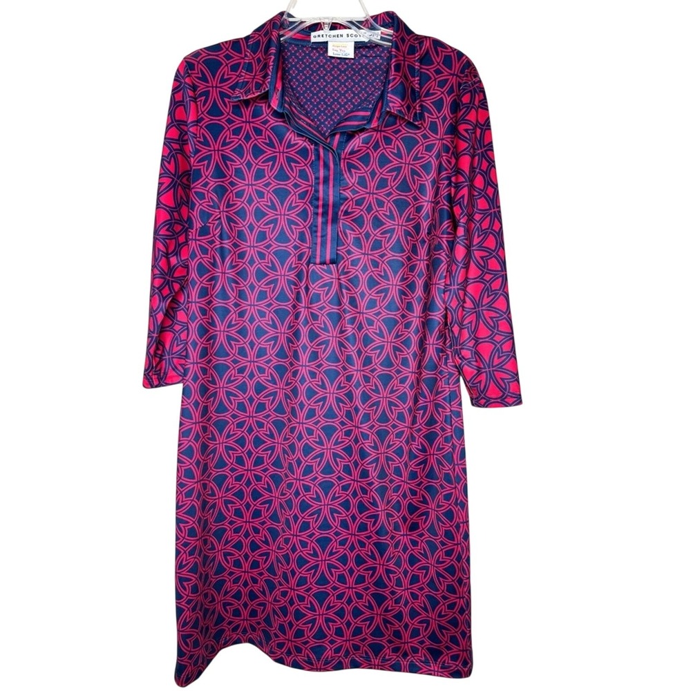 Gretchen Scott Womens Geometric Dress L Jersey Stretch Collar Preppy Maximalist‎